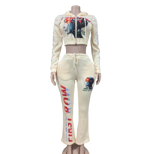 Chic Printed Hooded Tops Jogging Pant Set