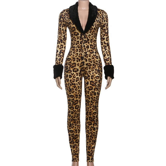 Deep V Neck Fur Collar Leopard Jumpsuit