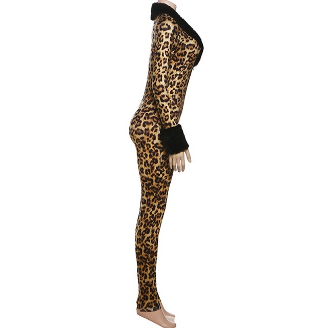 Deep V Neck Fur Collar Leopard Jumpsuit