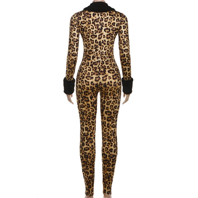 Deep V Neck Fur Collar Leopard Jumpsuit