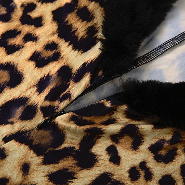 Deep V Neck Fur Collar Leopard Jumpsuit