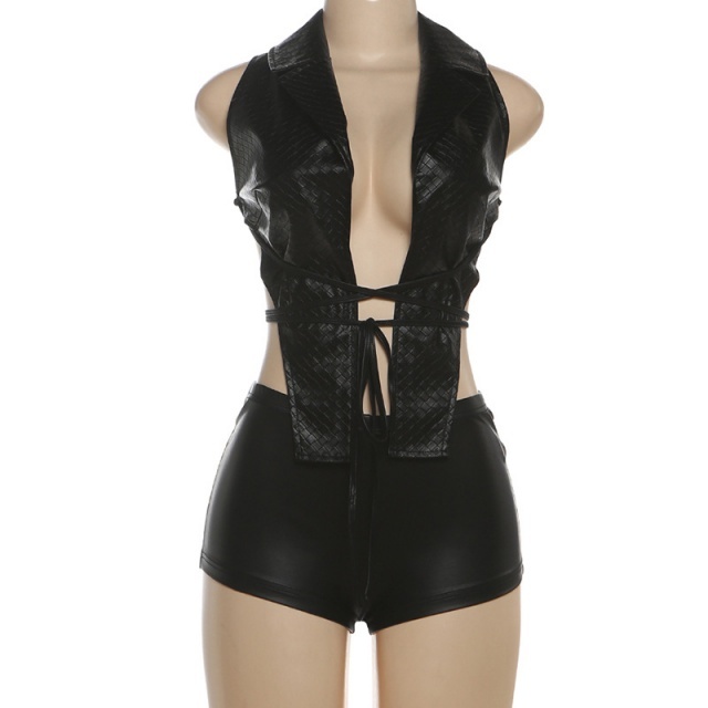 Plunging V Neck Laced Up Top Mini Short Set