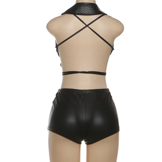 Plunging V Neck Laced Up Top Mini Short Set