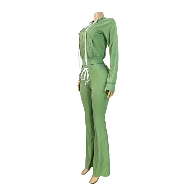 Basic Style Hooded Zipper Up Top Flare Pant Set