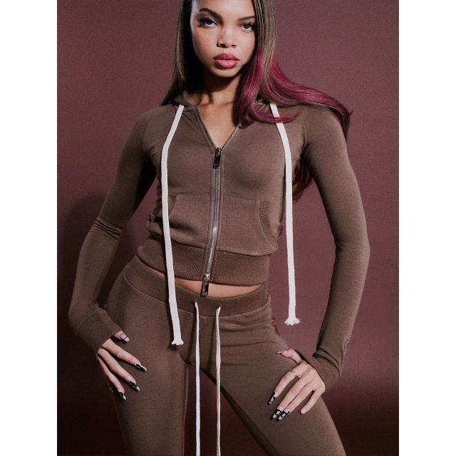 Basic Style Hooded Zipper Up Top Flare Pant Set