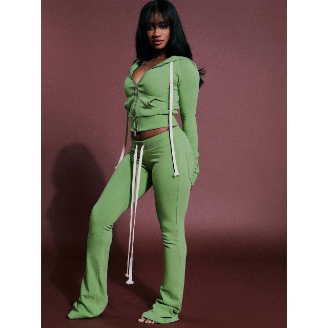 Basic Style Hooded Zipper Up Top Flare Pant Set