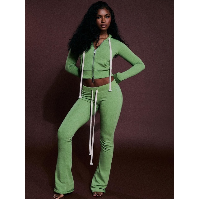 Basic Style Hooded Zipper Up Top Flare Pant Set