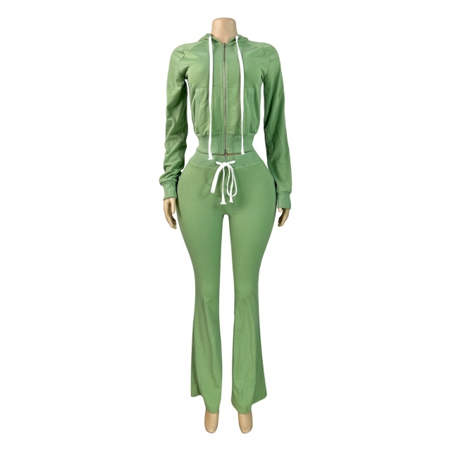 Basic Style Hooded Zipper Up Top Flare Pant Set