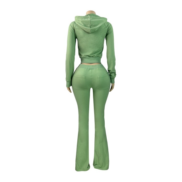 Basic Style Hooded Zipper Up Top Flare Pant Set