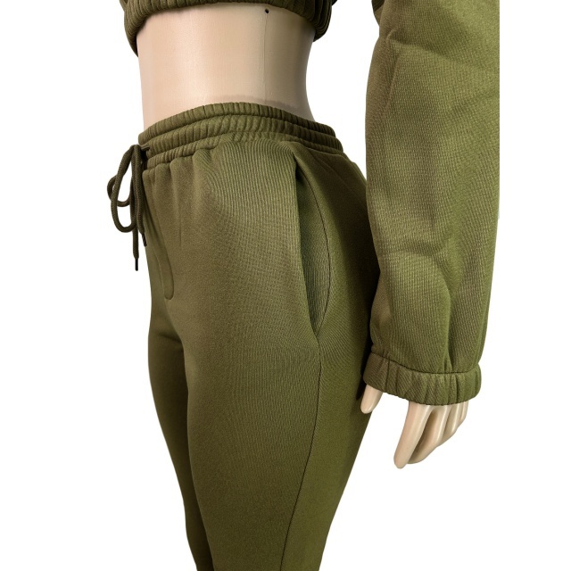 Solid Color Zipper Up Crop Hoodies Flare Pant Set