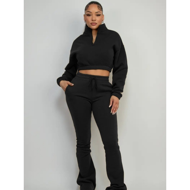 Solid Color Zipper Up Crop Hoodies Flare Pant Set