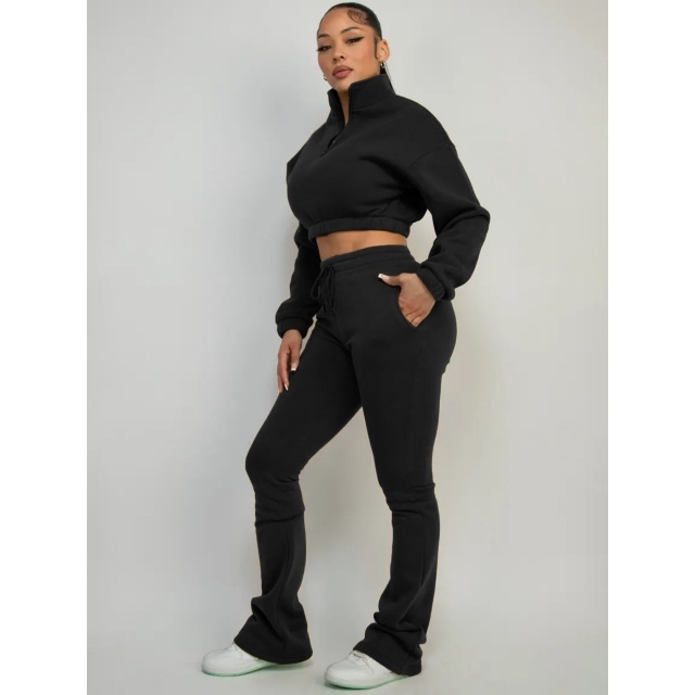 Solid Color Zipper Up Crop Hoodies Flare Pant Set