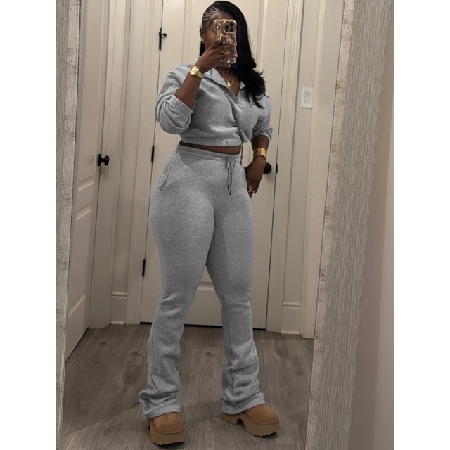 Solid Color Zipper Up Crop Hoodies Flare Pant Set