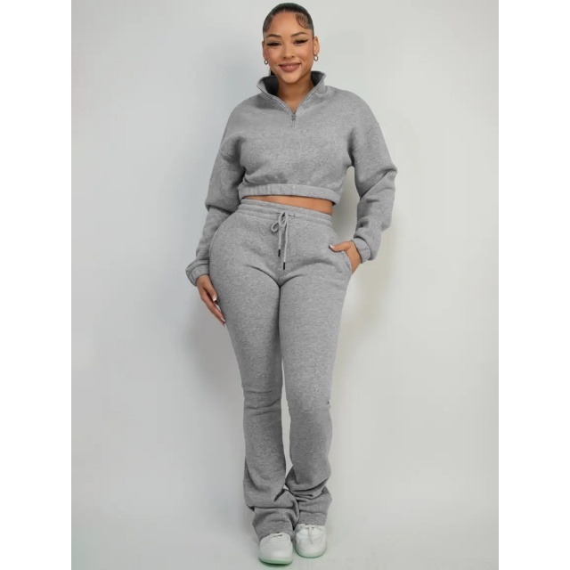 Solid Color Zipper Up Crop Hoodies Flare Pant Set