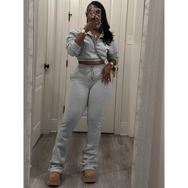 Solid Color Zipper Up Crop Hoodies Flare Pant Set
