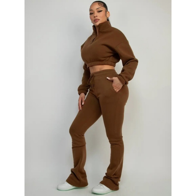 Solid Color Zipper Up Crop Hoodies Flare Pant Set