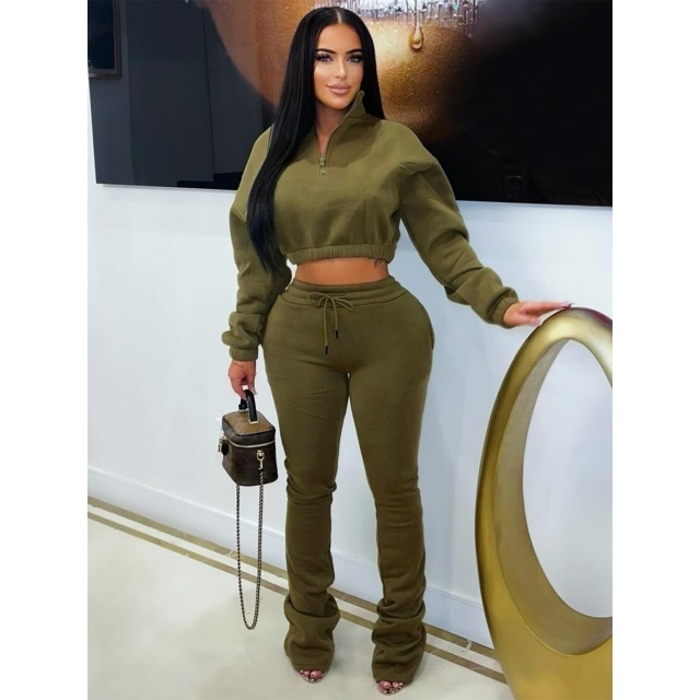 Solid Color Zipper Up Crop Hoodies Flare Pant Set