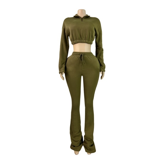 Solid Color Zipper Up Crop Hoodies Flare Pant Set