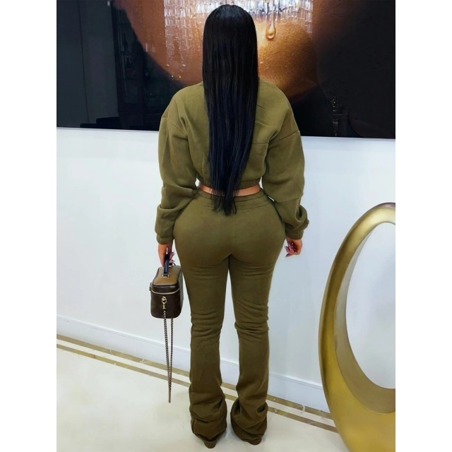 Solid Color Zipper Up Crop Hoodies Flare Pant Set
