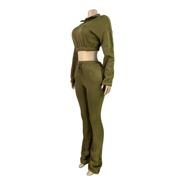 Solid Color Zipper Up Crop Hoodies Flare Pant Set