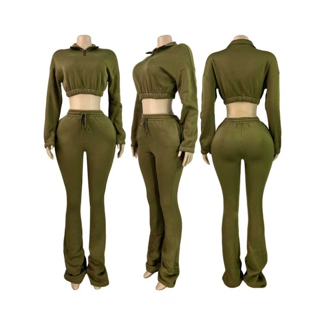 Solid Color Zipper Up Crop Hoodies Flare Pant Set