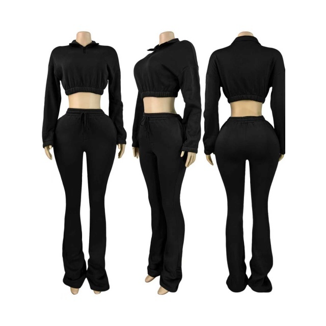 Solid Color Zipper Up Crop Hoodies Flare Pant Set