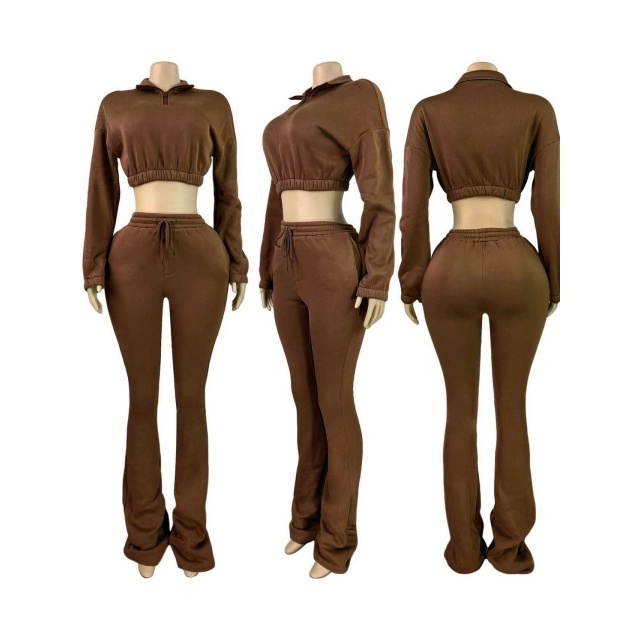 Solid Color Zipper Up Crop Hoodies Flare Pant Set