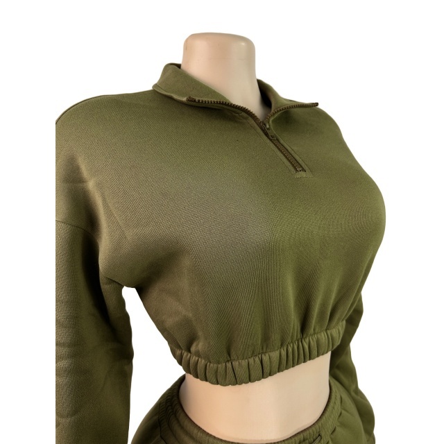 Solid Color Zipper Up Crop Hoodies Flare Pant Set