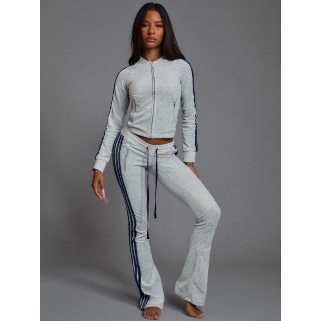 Casual Striped Suede Flare Pant Set Two Pieces