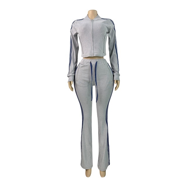Casual Striped Suede Flare Pant Set Two Pieces