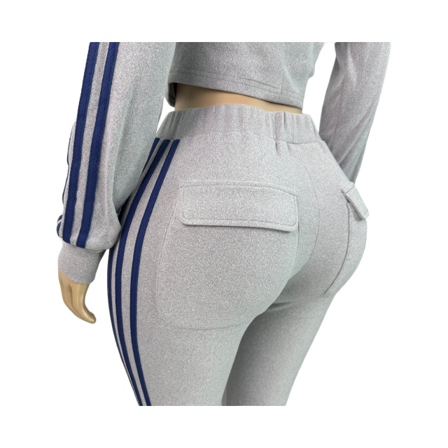 Casual Striped Suede Flare Pant Set Two Pieces