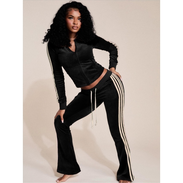 Casual Striped Suede Flare Pant Set Two Pieces