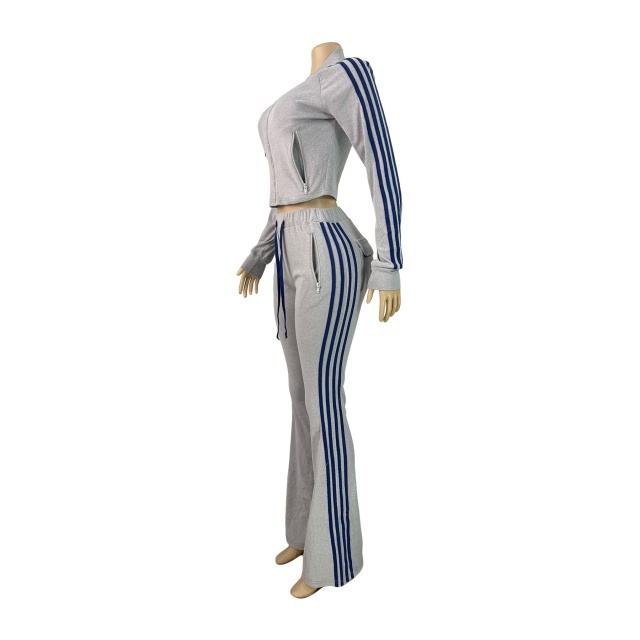 Casual Striped Suede Flare Pant Set Two Pieces