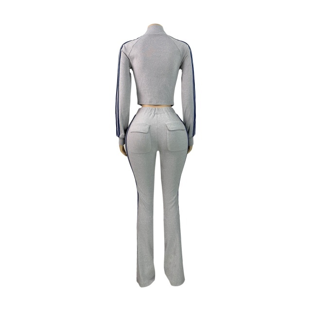 Casual Striped Suede Flare Pant Set Two Pieces