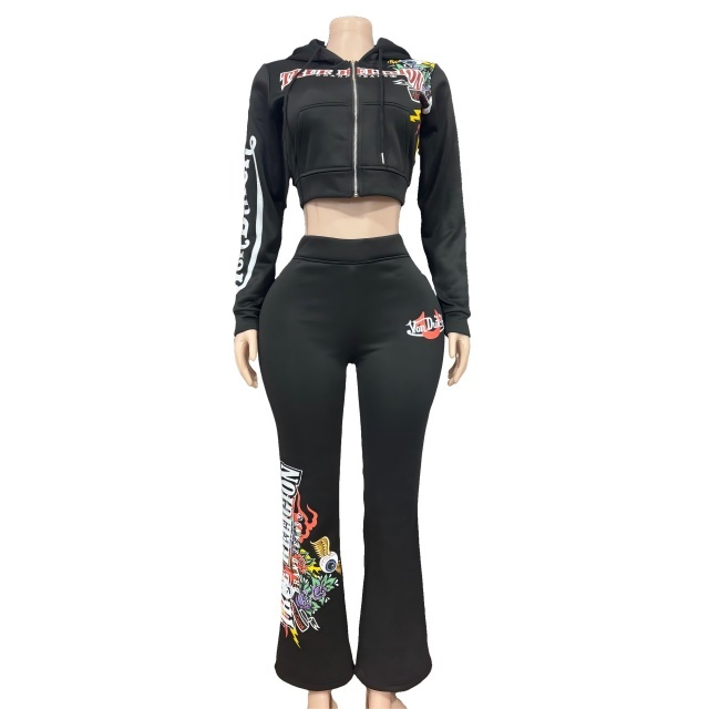 Chic Printed Hooded Top Flare Pant Set Two Pieces