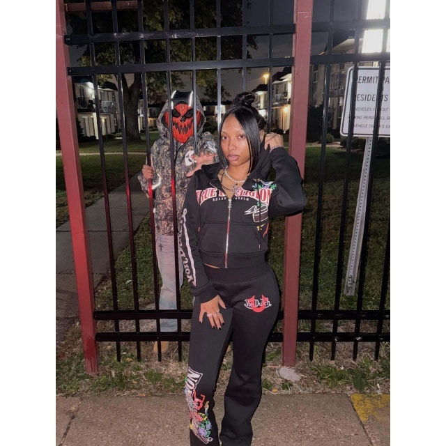 Chic Printed Hooded Top Flare Pant Set Two Pieces