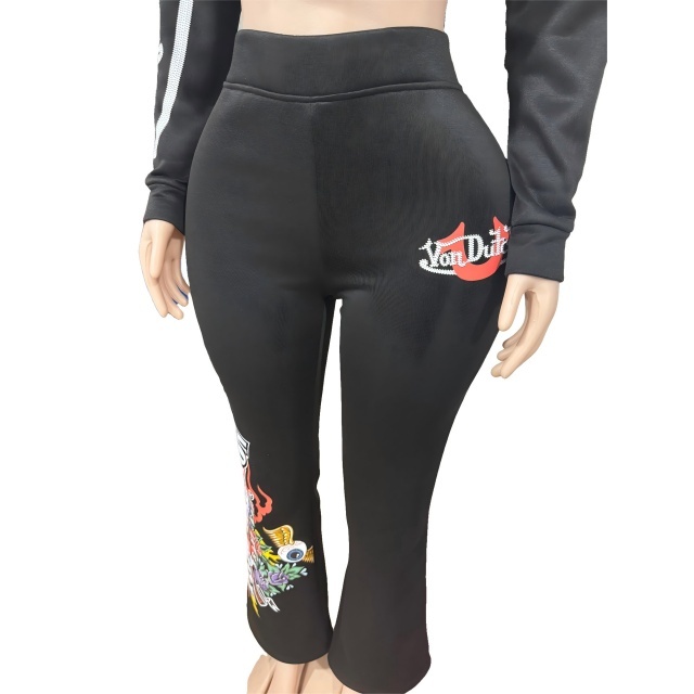 Chic Printed Hooded Top Flare Pant Set Two Pieces