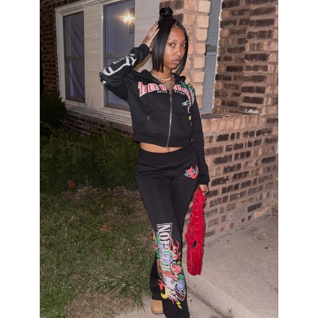 Chic Printed Hooded Top Flare Pant Set Two Pieces