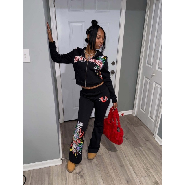 Chic Printed Hooded Top Flare Pant Set Two Pieces