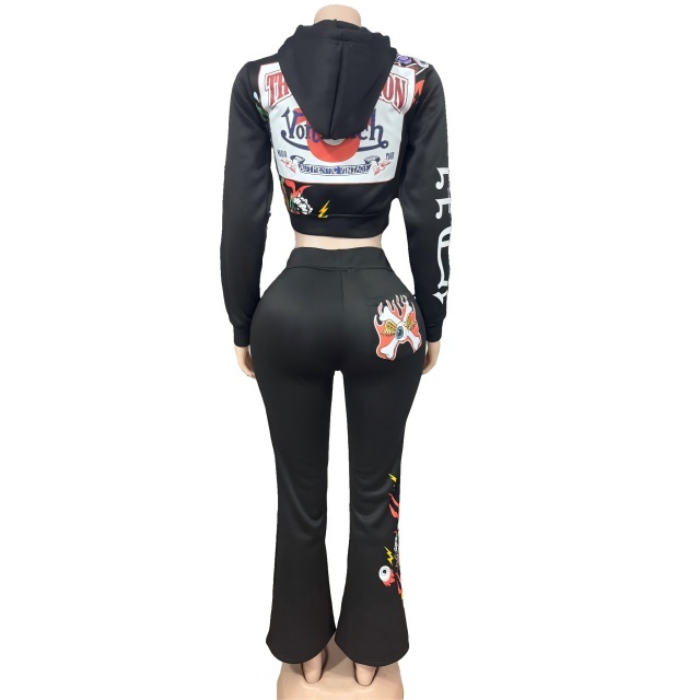 Chic Printed Hooded Top Flare Pant Set Two Pieces