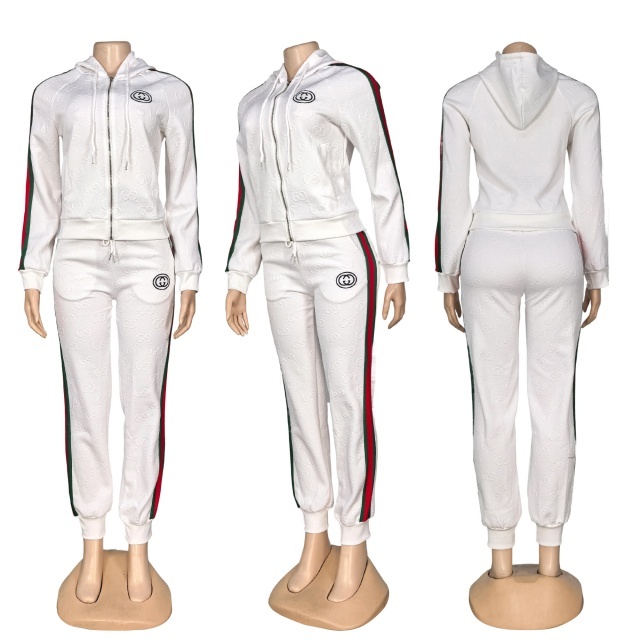 Fashion Striped Jacquard Hooded Women Tracksuit