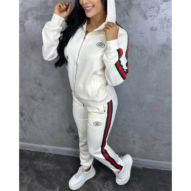Fashion Striped Jacquard Hooded Women Tracksuit