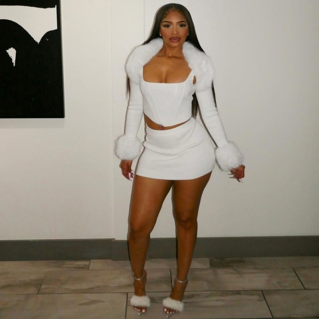 Fur-trimmed Long-sleeved Camisole Bodycon Mini Skirt Set