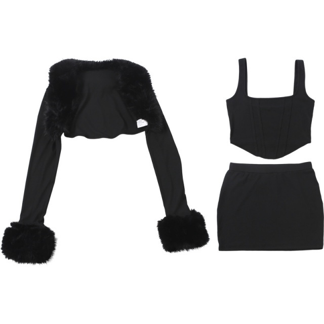 Fur-trimmed Long-sleeved Camisole Bodycon Mini Skirt Set