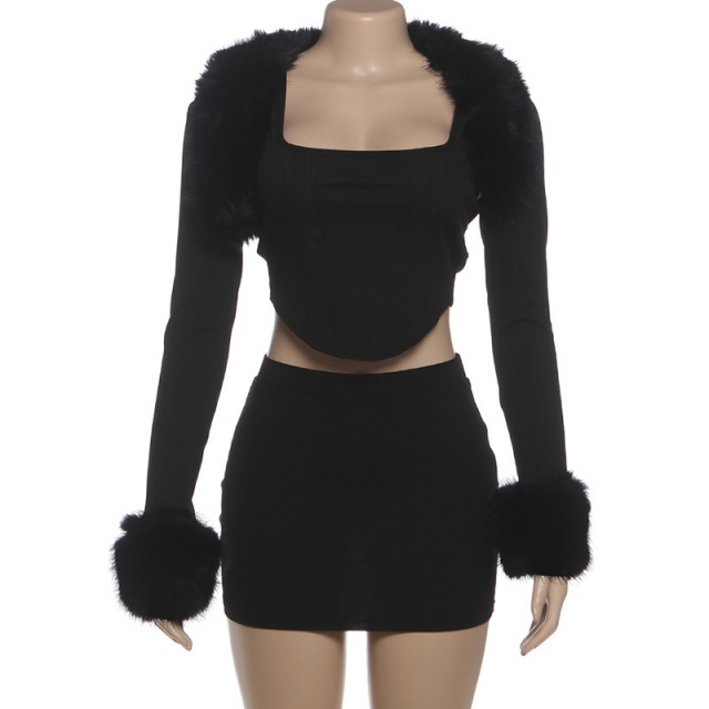 Fur-trimmed Long-sleeved Camisole Bodycon Mini Skirt Set