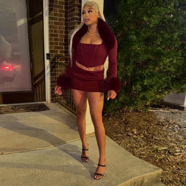 Fur-trimmed Long-sleeved Camisole Bodycon Mini Skirt Set