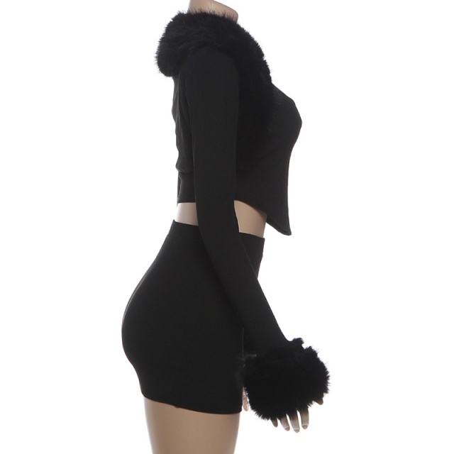 Fur-trimmed Long-sleeved Camisole Bodycon Mini Skirt Set