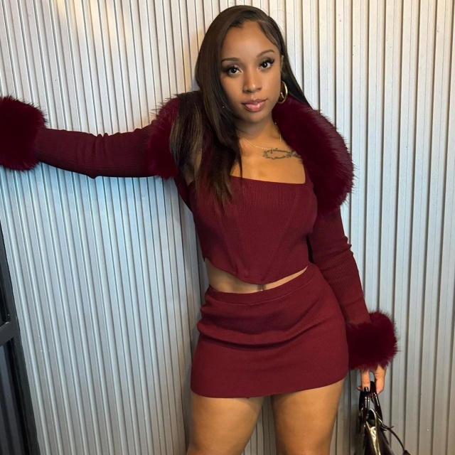 Fur-trimmed Long-sleeved Camisole Bodycon Mini Skirt Set