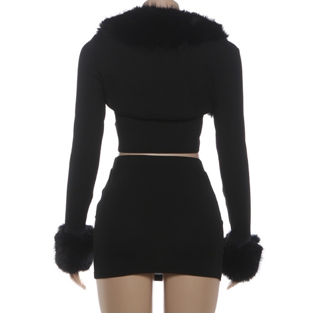 Fur-trimmed Long-sleeved Camisole Bodycon Mini Skirt Set