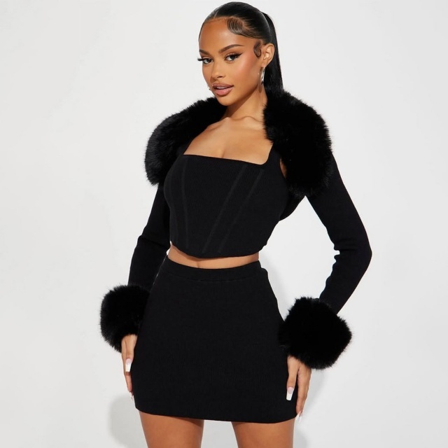 Fur-trimmed Long-sleeved Camisole Bodycon Mini Skirt Set